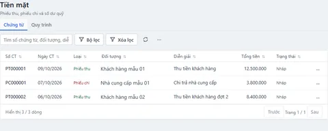 Danh sách chứng từ tiền mặt trong TUFOM ACC (dữ liệu mẫu)