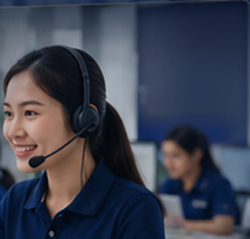 Minh hoạ nhân viên tư vấn TUFOM đeo tai nghe hỗ trợ khách hàng