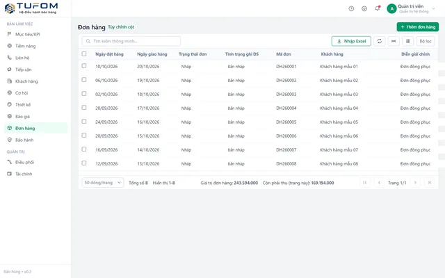 Danh sách đơn hàng với giá trị và công nợ trong TUFOM CRM (dữ liệu mẫu)