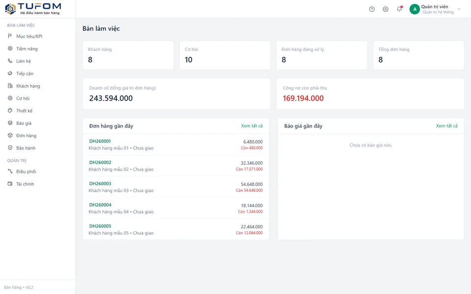 Bàn làm việc của TUFOM CRM: khách hàng, cơ hội, đơn hàng, doanh số và công nợ (dữ liệu mẫu)