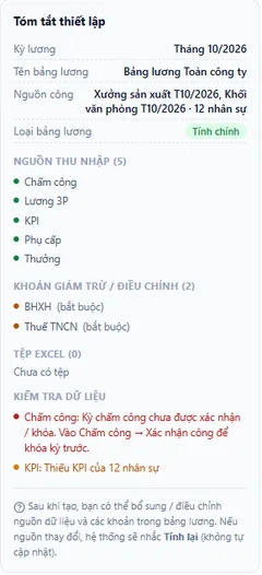 Tóm tắt thiết lập bảng lương và kiểm tra dữ liệu trước khi tạo (dữ liệu mẫu)